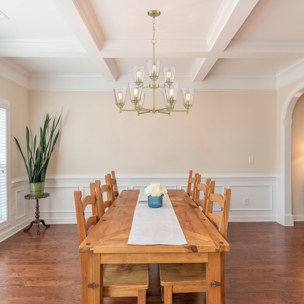 Westin 9 Light Modern Brushed Gold With Clear Glass Shades Chandelier For Dining Rooms